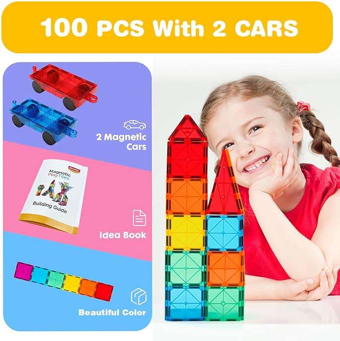 Gemmicc 100 PCS Magnetic Tiles with 2 Cars, STEM Approved Educational Magnet BuildingToys, Magnet Puzzles Stacking Blocks for Boys Girls - Image 4