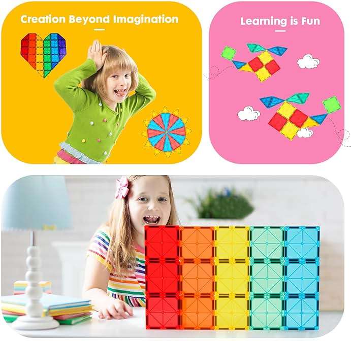 Gemmicc 100 PCS Magnetic Tiles with 2 Cars, STEM Approved Educational Magnet BuildingToys, Magnet Puzzles Stacking Blocks for Boys Girls - Image 5