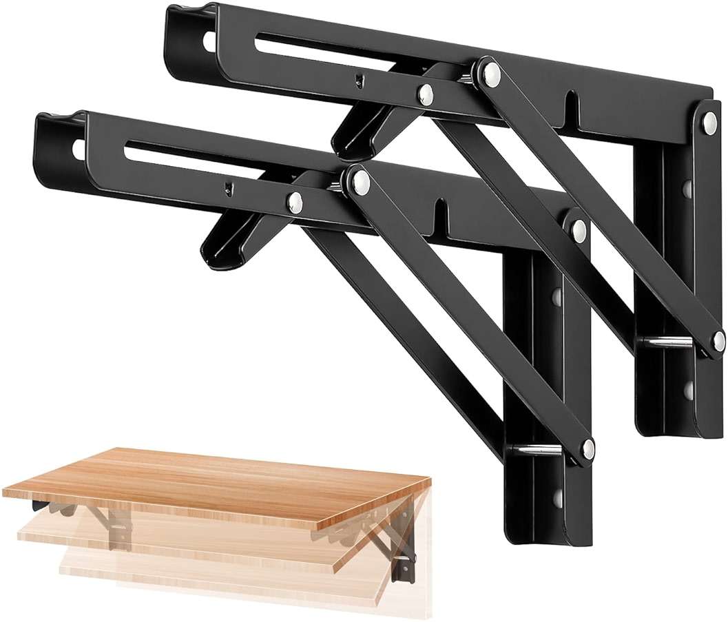 Ravinte 2 Pack 10 Inch Folding Shelf Brackets – Matte Black, Heavy Duty Collapsible Brackets for Tables and Benches – Space-Saving Design - Image 1