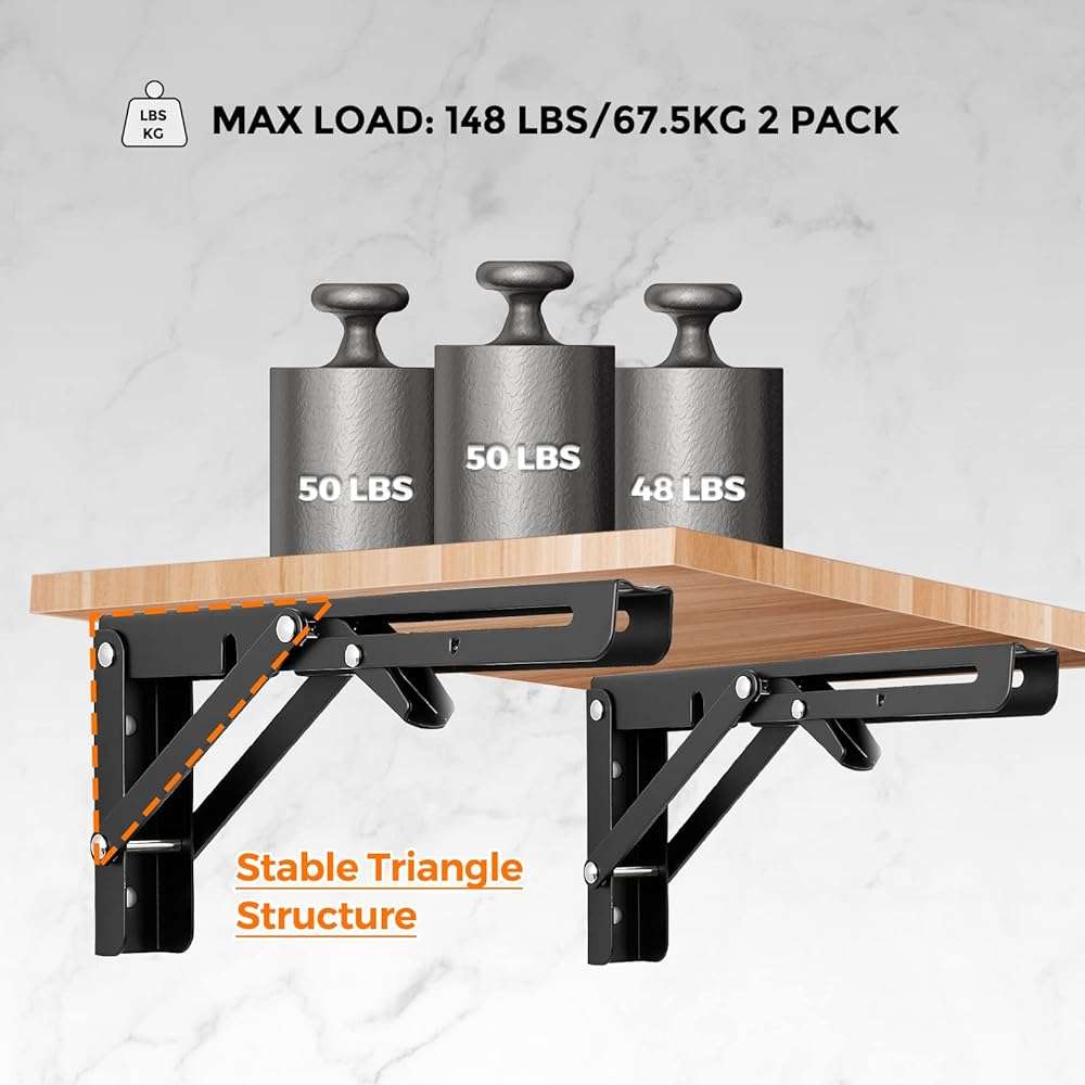 Ravinte 2 Pack 10 Inch Folding Shelf Brackets – Matte Black, Heavy Duty Collapsible Brackets for Tables and Benches – Space-Saving Design - Image 5