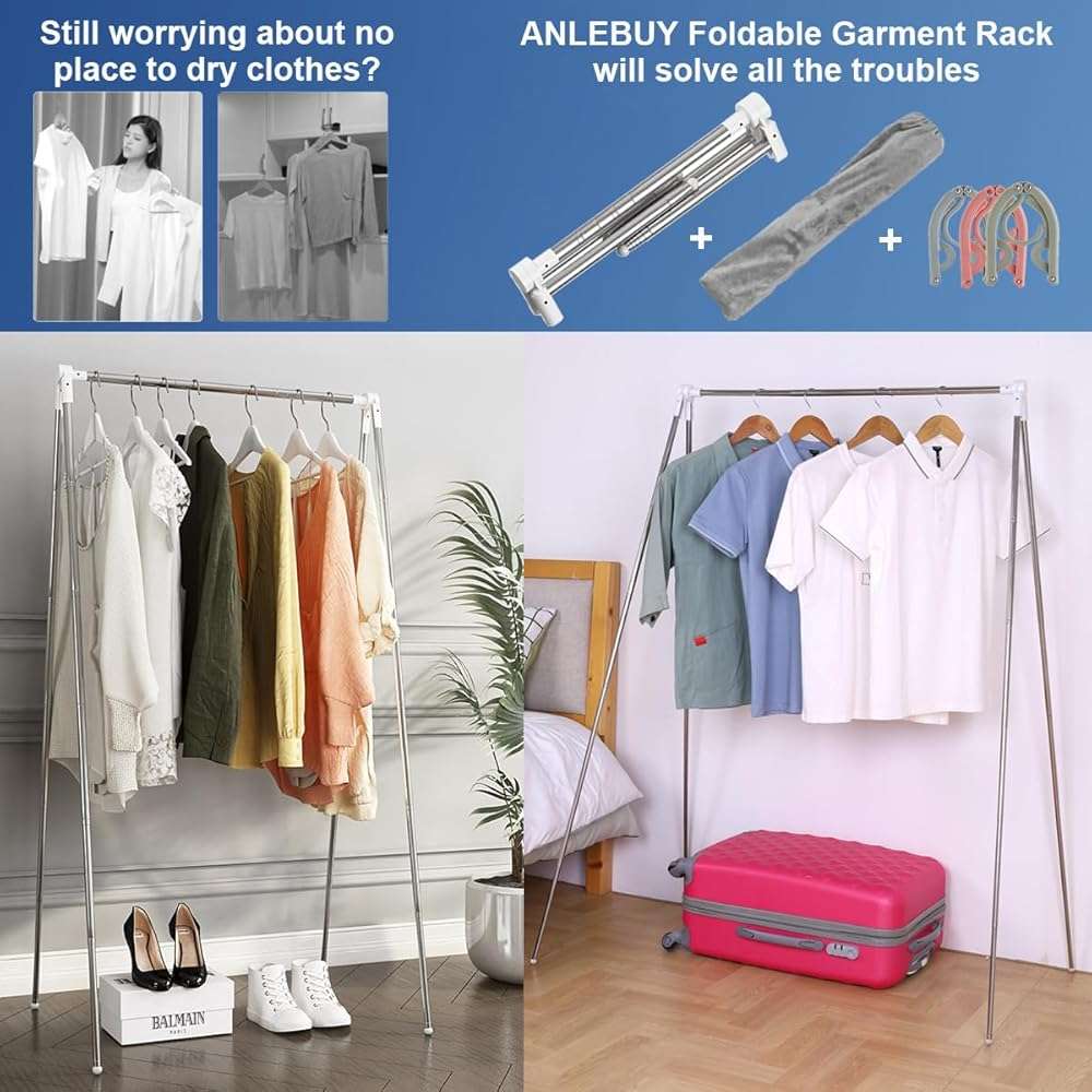 ANLEBUY Portable Garment Rack, Folding Clothes Rack, Collapsible Clothing Rack for Dance, Travel, Camping, Laundry, Indoor, Outdoor, Drying, RV, Mini Compact Racks White + 3 Foldable Clothes Hangers - Image 4