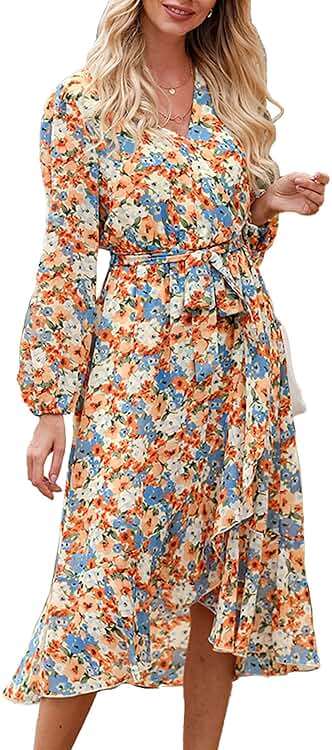 PRETTYGARDEN Women's Floral Boho Dress Fall Long Sleeve Wrap V Neck Ruffle Flowy Maxi Spring Wedding Guest Vacation Dresses - Image 1