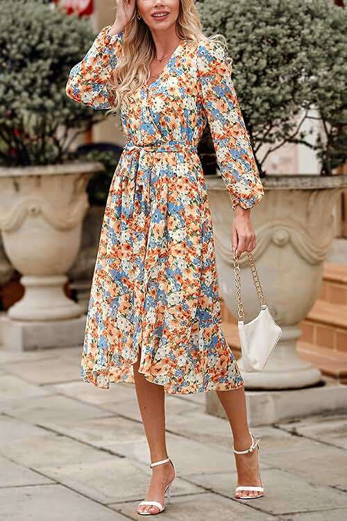 PRETTYGARDEN Women's Floral Boho Dress Fall Long Sleeve Wrap V Neck Ruffle Flowy Maxi Spring Wedding Guest Vacation Dresses - Image 4