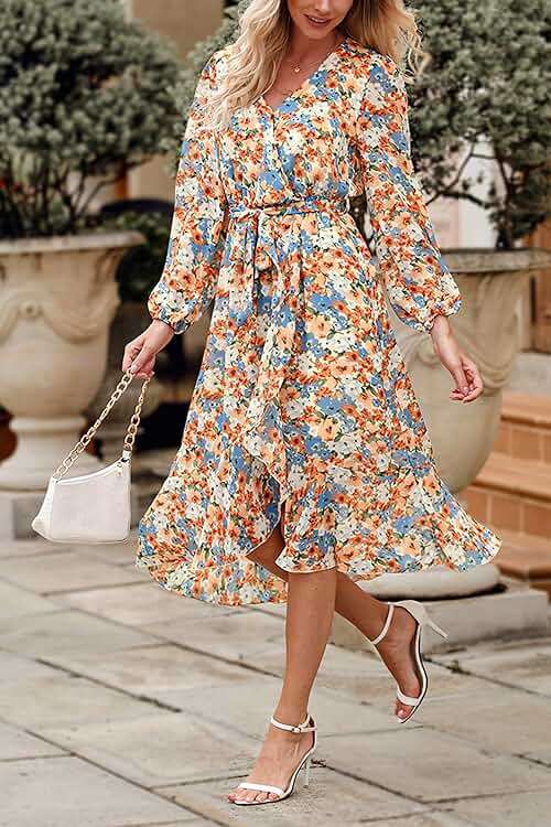 PRETTYGARDEN Women's Floral Boho Dress Fall Long Sleeve Wrap V Neck Ruffle Flowy Maxi Spring Wedding Guest Vacation Dresses - Image 5