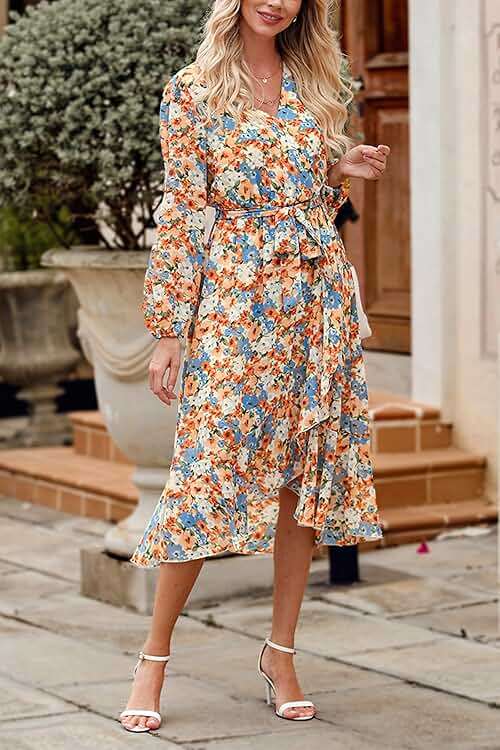 PRETTYGARDEN Women's Floral Boho Dress Fall Long Sleeve Wrap V Neck Ruffle Flowy Maxi Spring Wedding Guest Vacation Dresses - Image 6