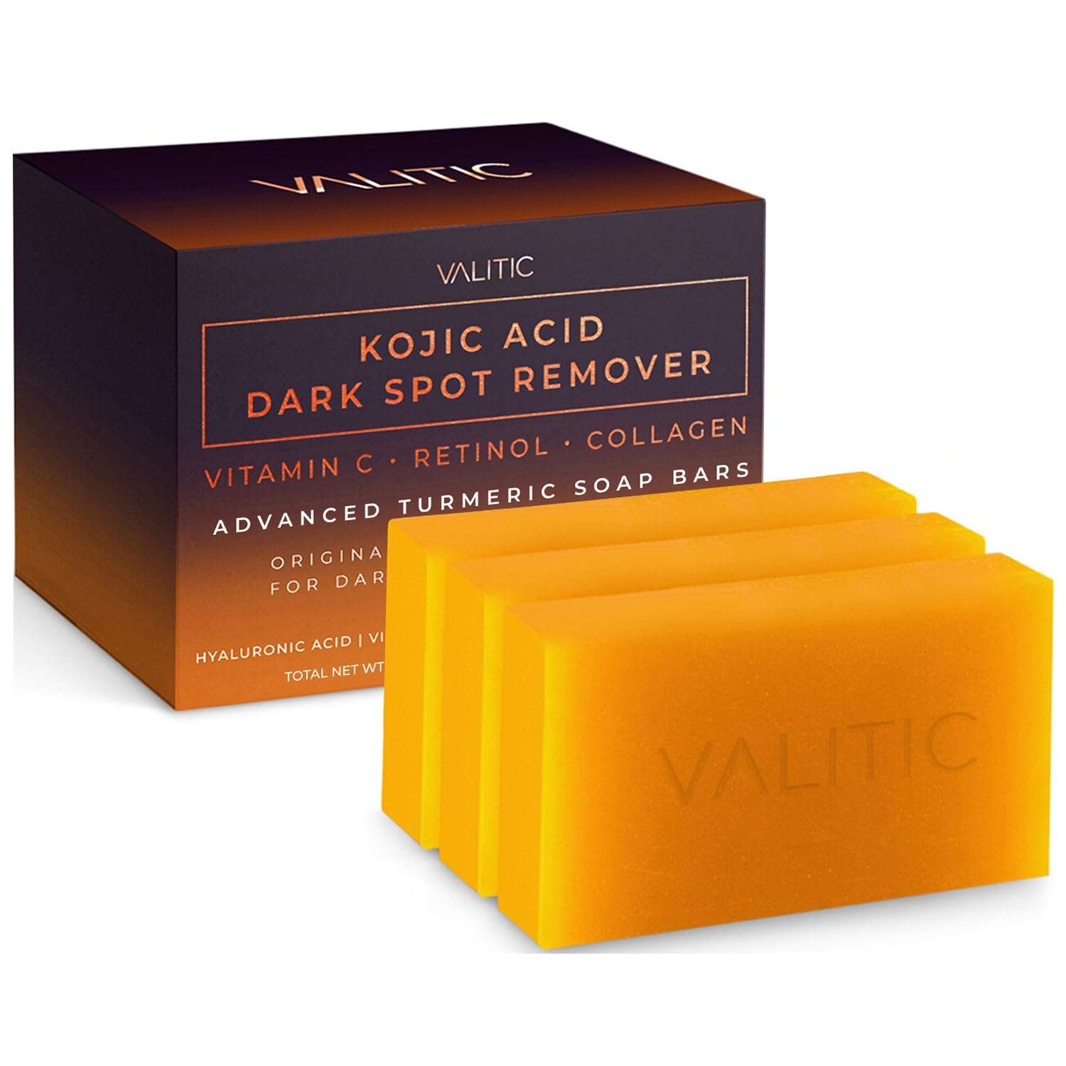 VALITIC Kojic Acid Dark Spot Remover Soap Bars with Vitamin C, Retinol, Collagen, Turmeric - Original Japanese Complex Infused with Hyaluronic Acid, Vitamin E, Shea Butter, Castile Olive Oil (3 Pack) - Image 1