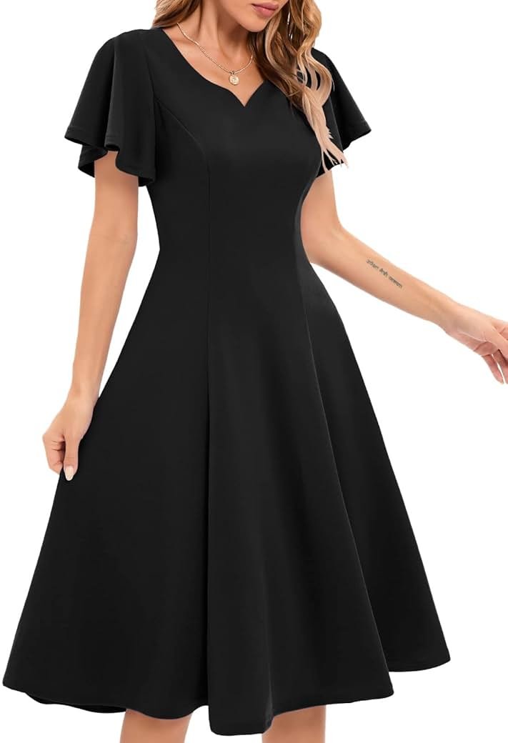 HomRain Wedding Guest Dresses for Women Vintage Short Sleeves Casual Fit and Flare Cocktail Formal Dress for Tea Party - Product Image