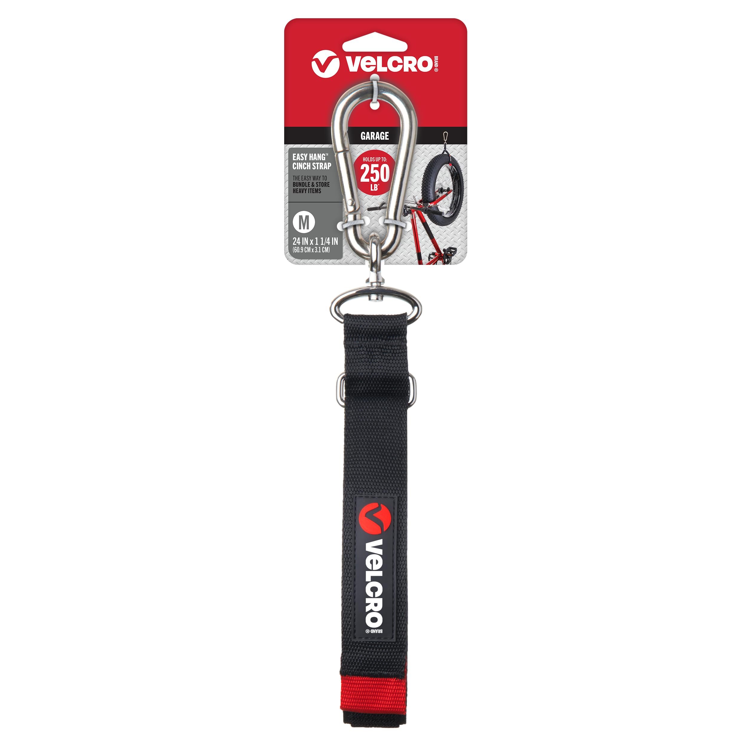 VELCRO Brand Easy Hang Heavy Duty Cinch Strap with Carabiner Hook – Garage & Outdoor Organizer, Holds 250 lbs, 24in x 1.25in - Product Image