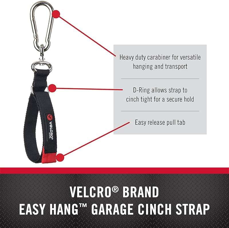VELCRO Brand Easy Hang Heavy Duty Cinch Strap with Carabiner Hook – Garage & Outdoor Organizer, Holds 250 lbs, 24in x 1.25in - Image 2