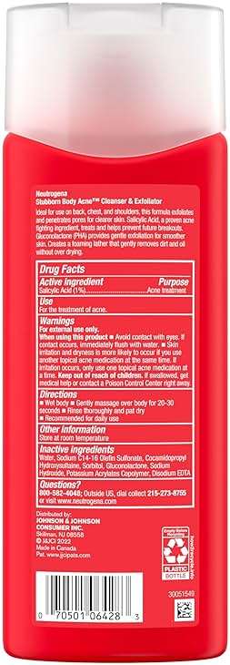 Neutrogena Salicylic Acid & PHA Stubborn Acne Body Wash, Exfoliating Cleanser Acne Treatment for Chest & Shoulder, Gently Clears, Exfoliates & Helps Prevent Breakouts, Fragrance Free, 8.5 Fl Oz - Image 2