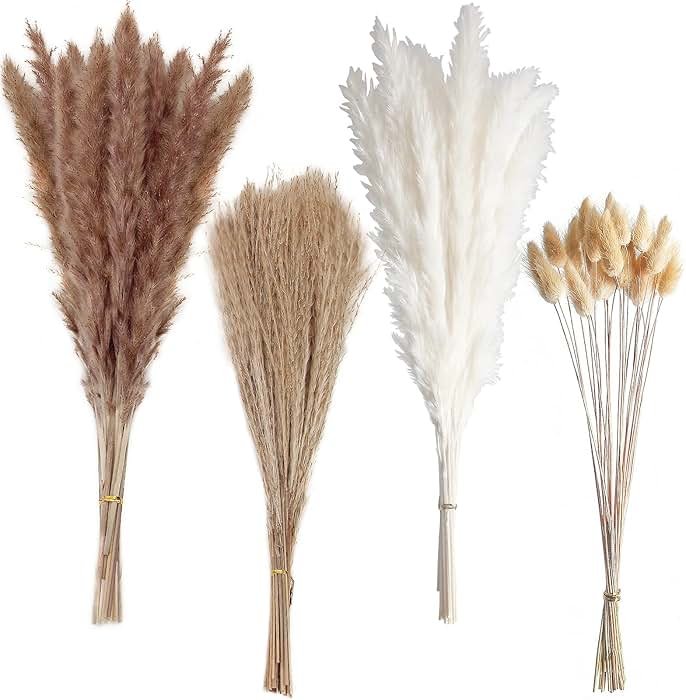 100 PCS Small Boho Pampas Grass, 17" Naturally Dried Pompas, Pampas Grass Decor for Wedding , Boho Party Decorations, Table Decor(Brown and White) - Product Image