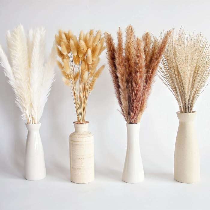100 PCS Small Boho Pampas Grass, 17" Naturally Dried Pompas, Pampas Grass Decor for Wedding , Boho Party Decorations, Table Decor(Brown and White) - Image 3