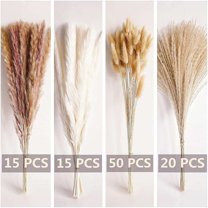 100 PCS Small Boho Pampas Grass, 17" Naturally Dried Pompas, Pampas Grass Decor for Wedding , Boho Party Decorations, Table Decor(Brown and White) - Image 4