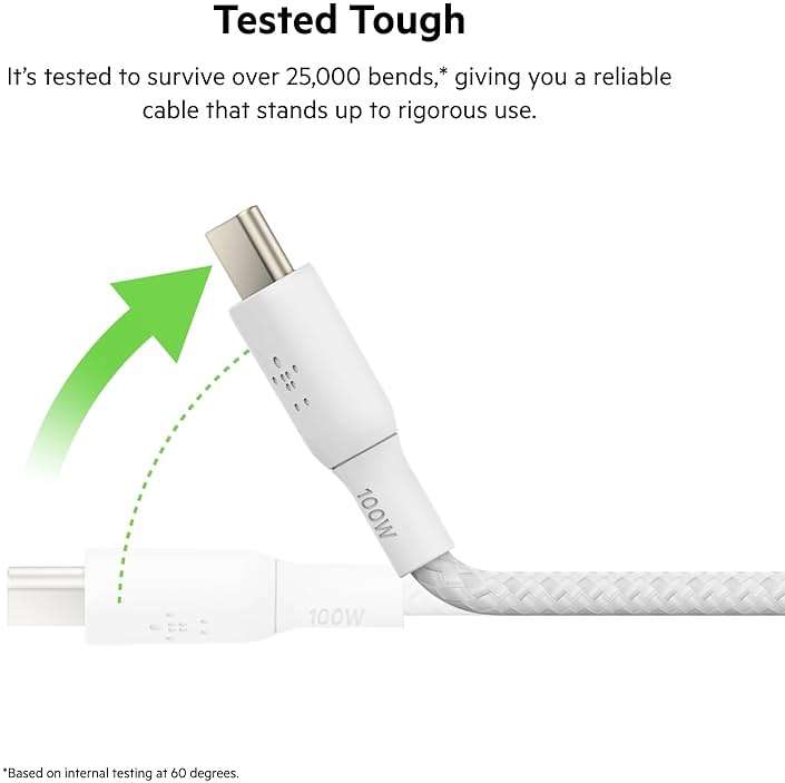Belkin USB C to USB C Cable, 6.6ft, 100W - Type C Charger, iPhone Charger Cord, Soft, Braided, Flexible for iPhone 17, Galaxy S25, Pixel 10, Airpods, iPad Pro, Tablet & More, Travel Essentials - White - Image 3