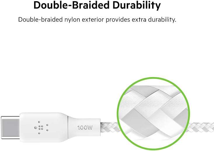 Belkin USB C to USB C Cable, 6.6ft, 100W - Type C Charger, iPhone Charger Cord, Soft, Braided, Flexible for iPhone 17, Galaxy S25, Pixel 10, Airpods, iPad Pro, Tablet & More, Travel Essentials - White - Image 4