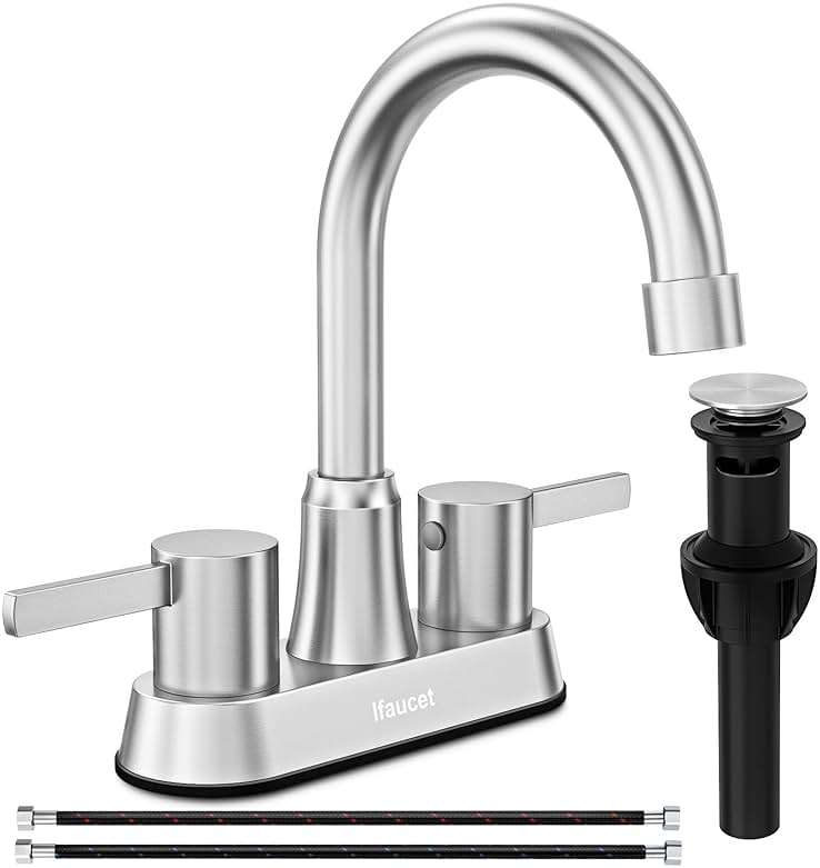 Bathroom Faucets, Bathroom Faucet 3 Hole, Bathroom Sink Faucet, Faucet for Sink 4 Inch 2 Handle Centerset, Lead-Free, with Copper Pop Up Drain (Brushed Nickel) - Image 1