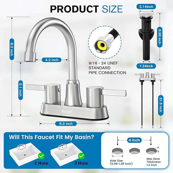 Bathroom Faucets, Bathroom Faucet 3 Hole, Bathroom Sink Faucet, Faucet for Sink 4 Inch 2 Handle Centerset, Lead-Free, with Copper Pop Up Drain (Brushed Nickel) - Image 3