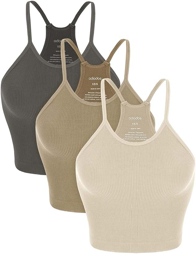 ODODOS Women's Crop 3-Pack Seamless Rib-Knit Camisole Crop Tank Tops - Product Image