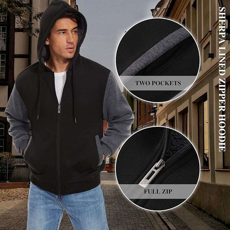 SWISSWELL Men Zip Up Hoodies Sherpa Lined Jacket Heavyweight Fleece Sweatshirt Winter Warm Hooded Coat - Image 5