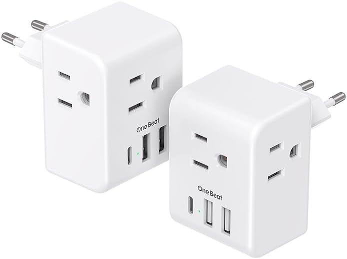 2 Pack European Travel Plug Adapter, International Power Plug Adapter with 3 Outlets 4 USB Charging Ports(2 USB C), Type C Plug Adapter Travel Essentials to Most Europe EU Spain Italy France Germany - Product Image