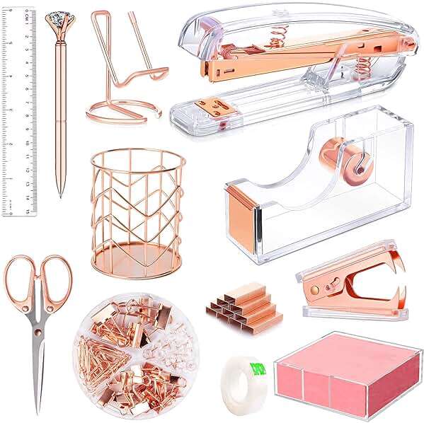 Rose Gold Office Supplies and Accessories, Acrylic Stapler, Staple Remover, Tape Holder, Ballpoint Pen, Scissor, Binder Clips, Staples, Phone Holder, Ruler, Transparent Glue and 300 Notes - Image 1
