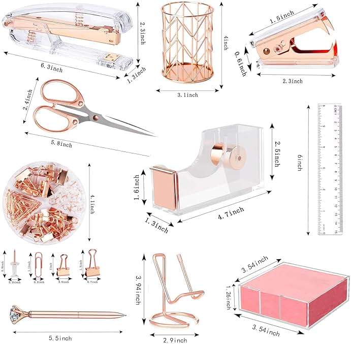 Rose Gold Office Supplies and Accessories, Acrylic Stapler, Staple Remover, Tape Holder, Ballpoint Pen, Scissor, Binder Clips, Staples, Phone Holder, Ruler, Transparent Glue and 300 Notes - Image 2
