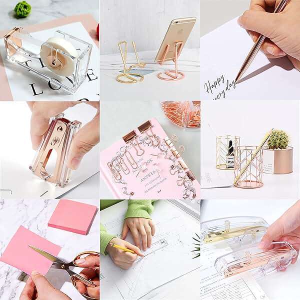 Rose Gold Office Supplies and Accessories, Acrylic Stapler, Staple Remover, Tape Holder, Ballpoint Pen, Scissor, Binder Clips, Staples, Phone Holder, Ruler, Transparent Glue and 300 Notes - Image 5