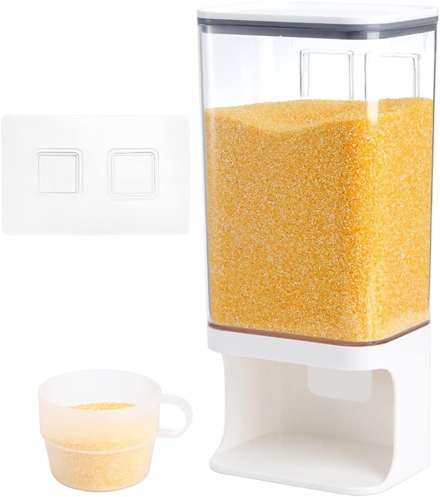 AVLA Rice Dispenser, Wall-Mounted Laundry Detergent Container, Cereal Dry Food Storage Bucket with Measuring Cup, Kitchen Grain Organizer with Lid, BPA-Free, for Beans, Laundry Scent Bead, Pet Food - Product Image