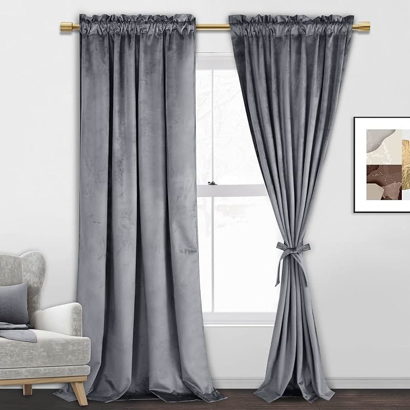 JIUZHEN Grey Velvet Curtains 96 inches for Living Room - Thermal Insulated Rod Pocket Room Darkening Window Curtains Super Soft Home Deco Blackout Velvet Drapes, 2 Panels with Tiebacks, 52W x 96L - Product Image