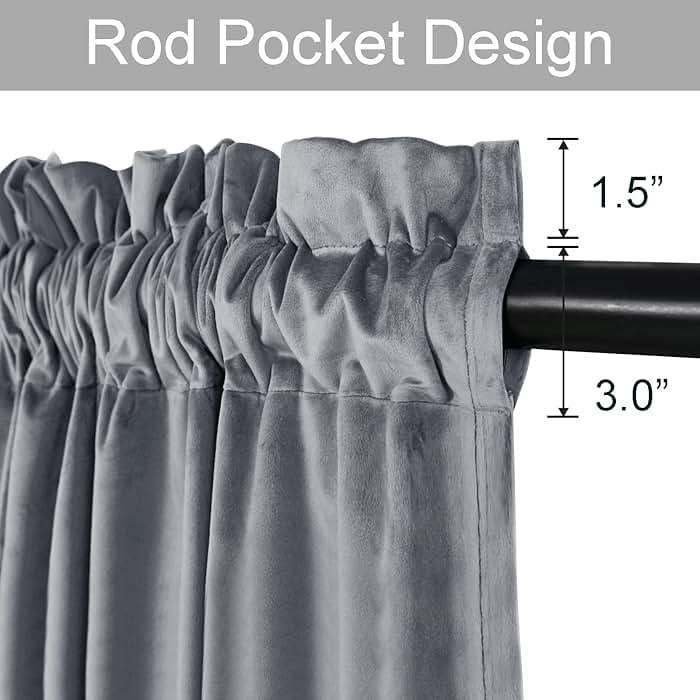 JIUZHEN Grey Velvet Curtains 96 inches for Living Room - Thermal Insulated Rod Pocket Room Darkening Window Curtains Super Soft Home Deco Blackout Velvet Drapes, 2 Panels with Tiebacks, 52W x 96L - Image 2