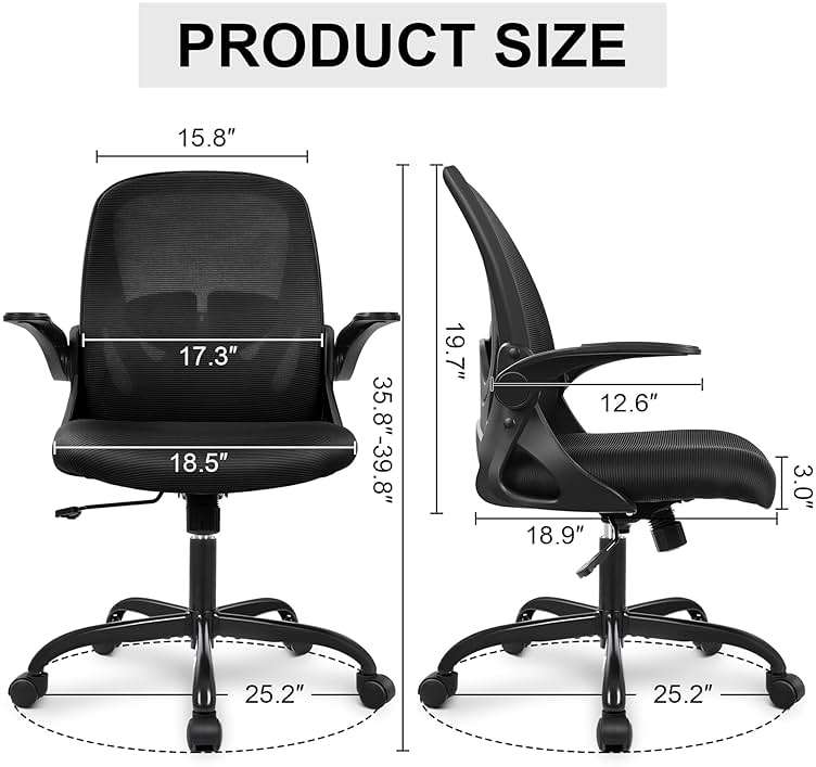 Primy Office Chair Ergonomic Desk Chair with Flip up Armrests Swivel Breathable Desk Mesh Computer Chair with Adjustable Lumbar Support and Height for Conference Room (Black) - Image 3