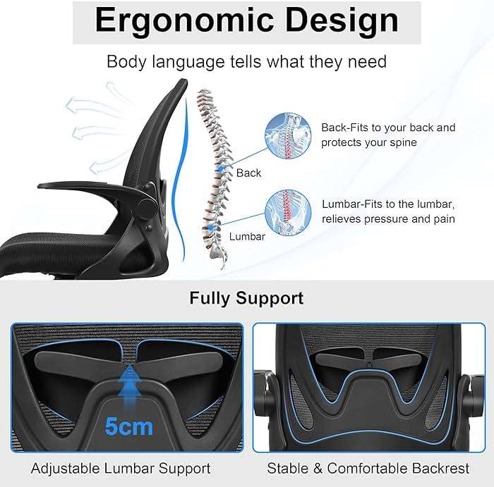 Primy Office Chair Ergonomic Desk Chair with Flip up Armrests Swivel Breathable Desk Mesh Computer Chair with Adjustable Lumbar Support and Height for Conference Room (Black) - Image 4