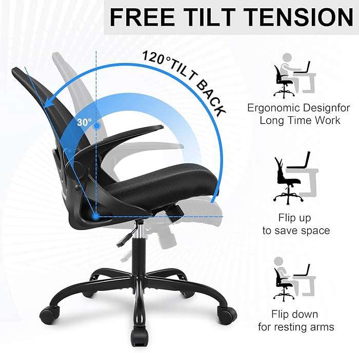 Primy Office Chair Ergonomic Desk Chair with Flip up Armrests Swivel Breathable Desk Mesh Computer Chair with Adjustable Lumbar Support and Height for Conference Room (Black) - Image 7