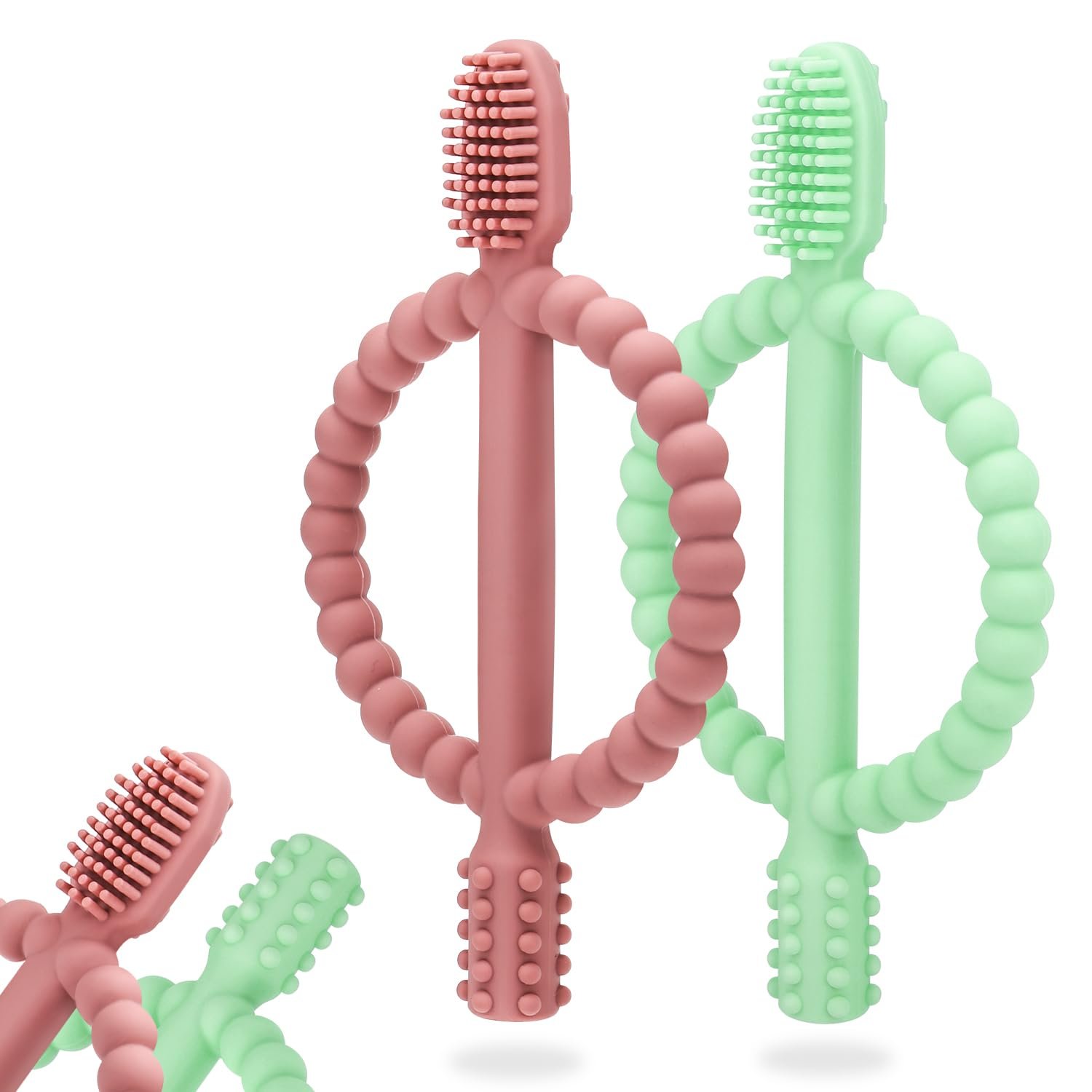 Baby Teething Toys with Easy-Hold Handle, Silicone Infant Toothbrush, Textured On Both Sides Helps Massage, Soothe Sore Gums, Teething Toys for Babies 0-6 Months, 6-12 Months Bright Green & Caramel - Product Image