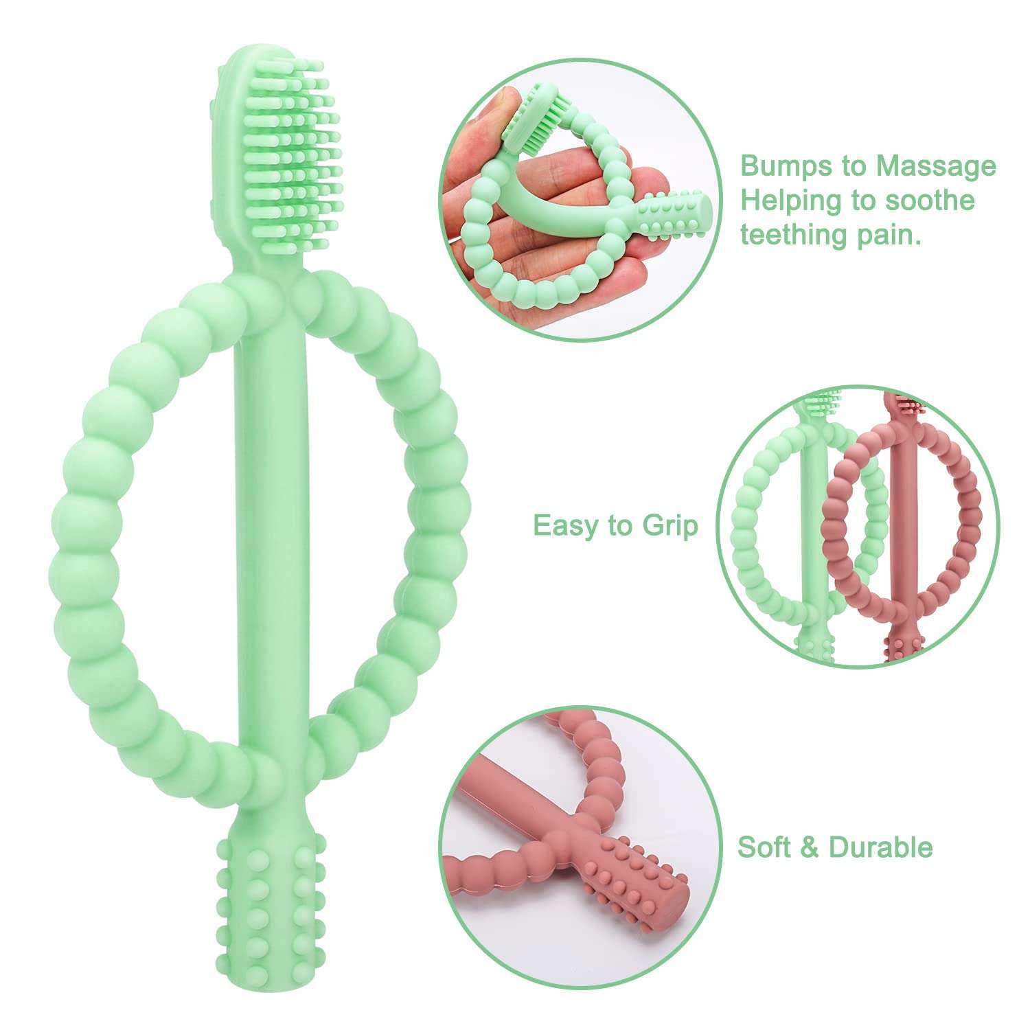 Baby Teething Toys with Easy-Hold Handle, Silicone Infant Toothbrush, Textured On Both Sides Helps Massage, Soothe Sore Gums, Teething Toys for Babies 0-6 Months, 6-12 Months Bright Green & Caramel - Image 6