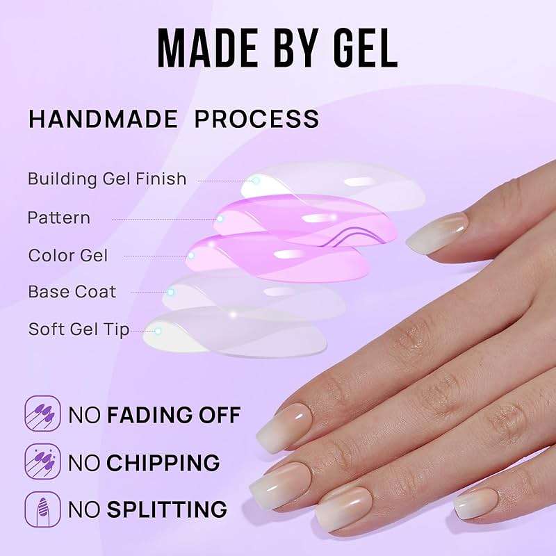 BTArtbox Square Ombre Press On Nails -Soft Gel Press On Nails Short with Nail Glue, 16 Sizes - 32 Reusable Fake Nails Kit, Vanilla Cream - Image 4