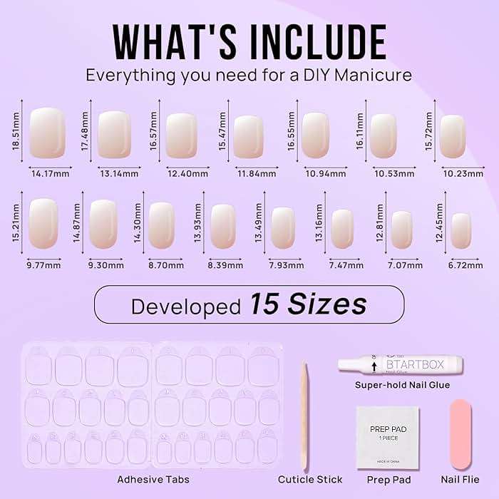 BTArtbox Square Ombre Press On Nails -Soft Gel Press On Nails Short with Nail Glue, 16 Sizes - 32 Reusable Fake Nails Kit, Vanilla Cream - Image 5
