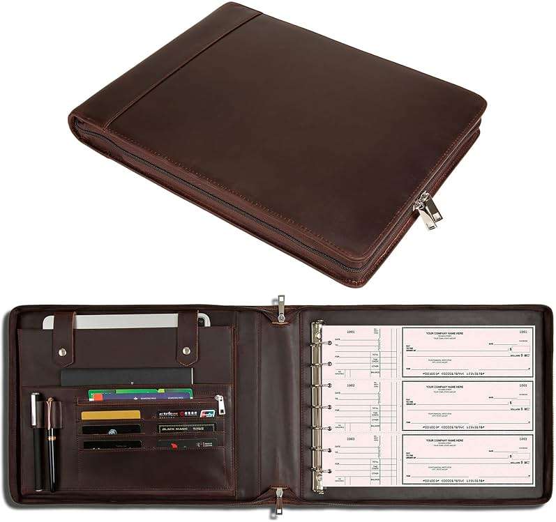 GZRHKJ Genuine Leather Business Check Binder, 7 Ring Checkbook Binder for Business Checks, Personalized Engraved Checkbooks, 600 Checks Capacity for 9 × 13 Inch Sheet (Dark Brown) - Image 1