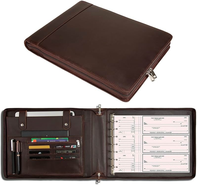 GZRHKJ Genuine Leather Business Check Binder, 7 Ring Checkbook Binder for Business Checks, Personalized Engraved Checkbooks, 600 Checks Capacity for 9 × 13 Inch Sheet (Dark Brown) - Product Image