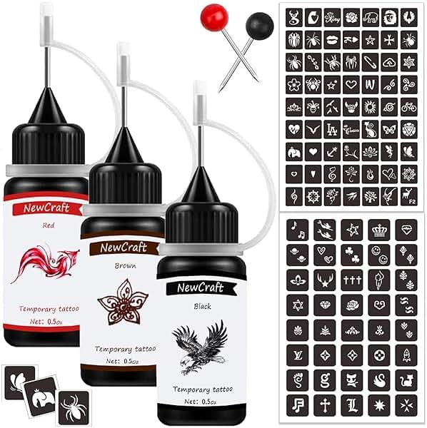 Temporary Art Painting Kit Semi Permanent Tattoo Ink Freehand Gel 103 Pcs Free Stencils, DIY Fake Freckles, Full Kit 3 Bottles (Black+Red+Brown) - Product Image