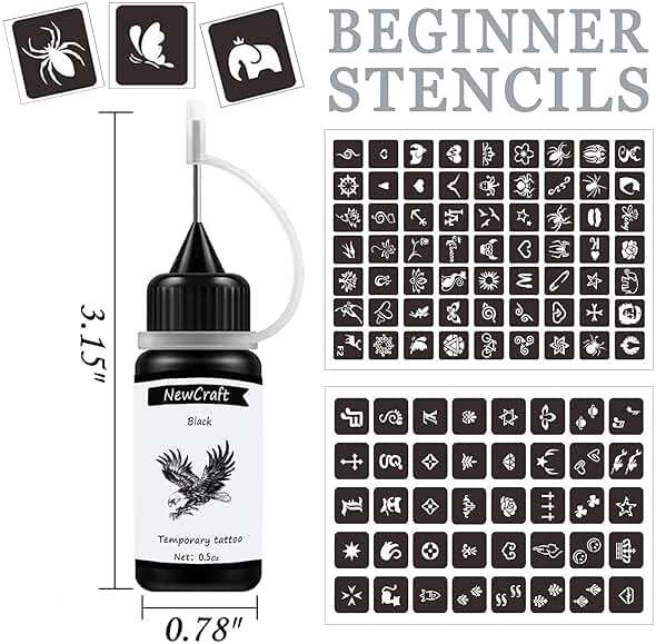Temporary Art Painting Kit Semi Permanent Tattoo Ink Freehand Gel 103 Pcs Free Stencils, DIY Fake Freckles, Full Kit 3 Bottles (Black+Red+Brown) - Image 2