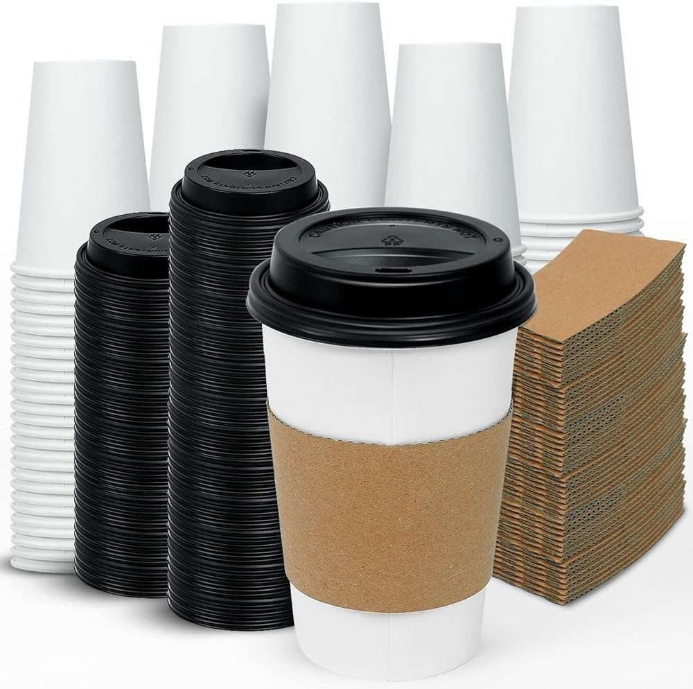 Ginkgo [100 Pack 16 oz Disposable Coffee Cups with Lids and Sleeves - To Go Coffee Cups for Hot Drinks, Chocolate, Cocoa and Coffee Bar - Image 1