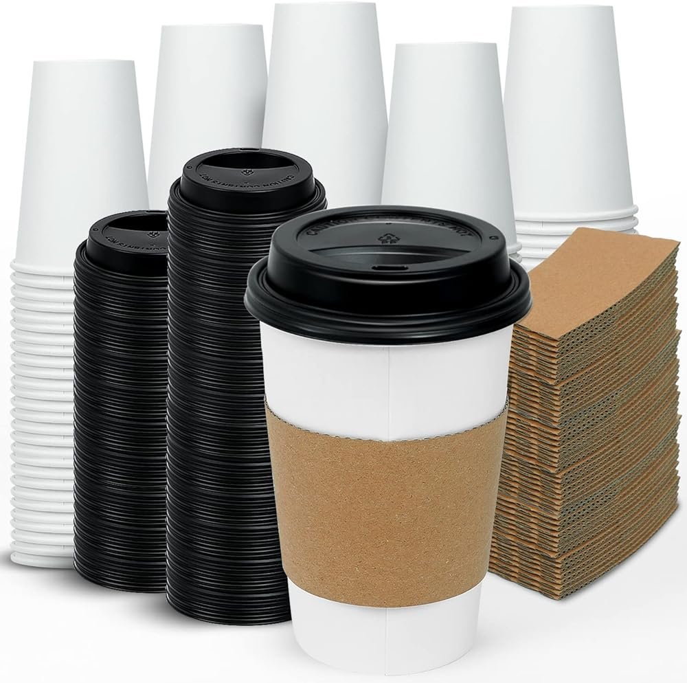 Ginkgo [100 Pack 16 oz Disposable Coffee Cups with Lids and Sleeves - To Go Coffee Cups for Hot Drinks, Chocolate, Cocoa and Coffee Bar - Product Image