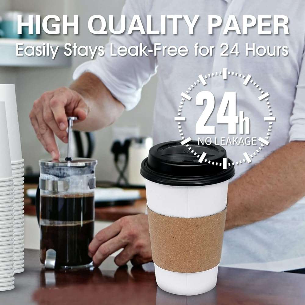 Ginkgo [100 Pack 16 oz Disposable Coffee Cups with Lids and Sleeves - To Go Coffee Cups for Hot Drinks, Chocolate, Cocoa and Coffee Bar - Image 3