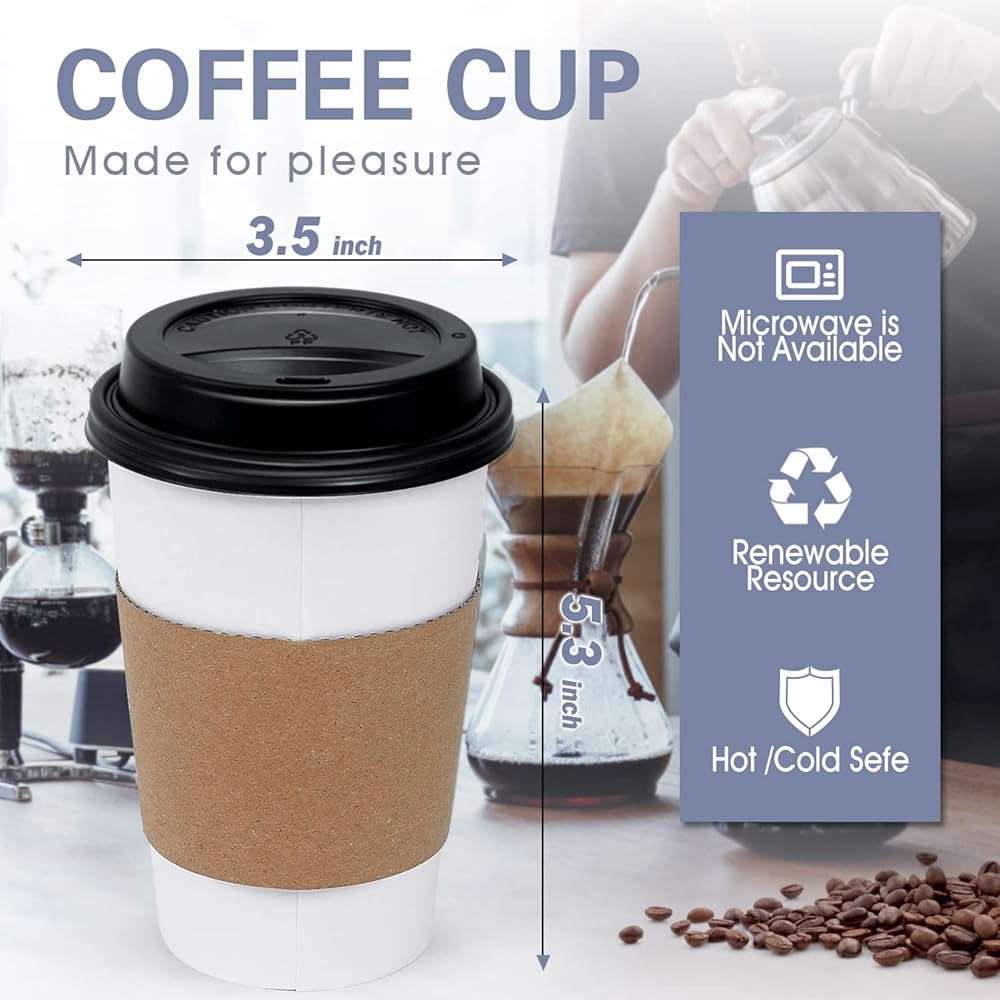 Ginkgo [100 Pack 16 oz Disposable Coffee Cups with Lids and Sleeves - To Go Coffee Cups for Hot Drinks, Chocolate, Cocoa and Coffee Bar - Image 4