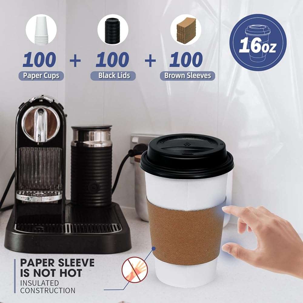 Ginkgo [100 Pack 16 oz Disposable Coffee Cups with Lids and Sleeves - To Go Coffee Cups for Hot Drinks, Chocolate, Cocoa and Coffee Bar - Image 5