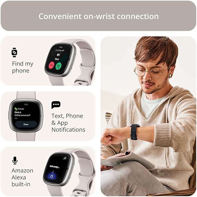 Fitbit Sense 2 Advanced Health and Fitness Smartwatch with Tools to Manage Stress and Sleep, ECG App, SpO2, 24/7 Heart Rate and GPS, Lunar White/Platinum, One Size (S & L Bands Included) - Image 5