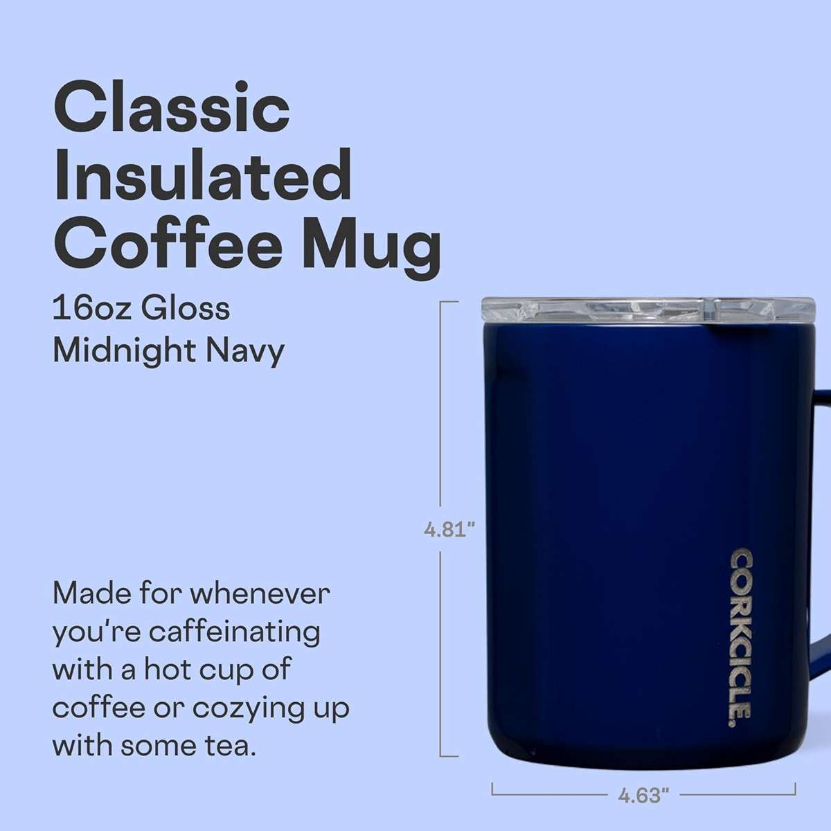 Corkcicle Classic Coffee Mug - Triple Insulated Stainless Steel for Travel - Shatter-Proof Lid - Keeps Drink Hot Over 3 Hours - Holiday Mug Gift - Great for Gifting - 16 oz - Gloss Midnight Navy - Image 2
