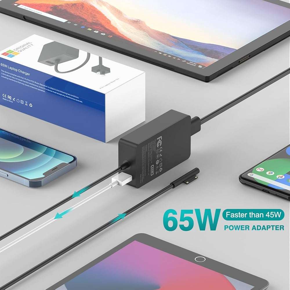 65W Charger Compatible with Microsoft Surface Pro 11, 10, 9, 8, 7+, 7, 6, 5, 4, 3, X, Power Adapter for Windows Surface Laptop 7/6/5/4/3/2/1, Go Tablet, Book 3/2/1, Support 44W, 36W, LED, 10FT - Image 3