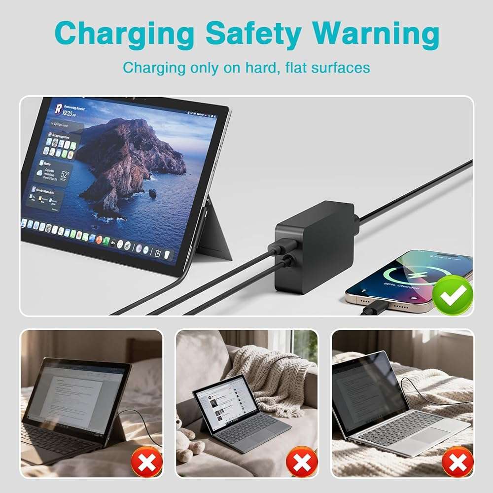 65W Charger Compatible with Microsoft Surface Pro 11, 10, 9, 8, 7+, 7, 6, 5, 4, 3, X, Power Adapter for Windows Surface Laptop 7/6/5/4/3/2/1, Go Tablet, Book 3/2/1, Support 44W, 36W, LED, 10FT - Image 6